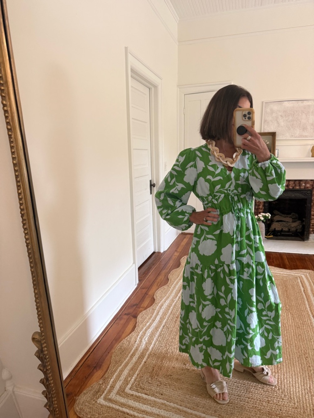 Bright Green Floral Maxi Dress with Puff Sleeves